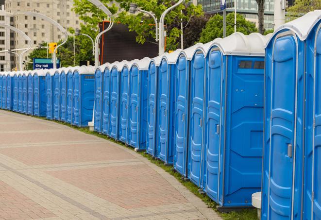 a fleet of portable restrooms ready for use at a large outdoor wedding or celebration in Boston MA